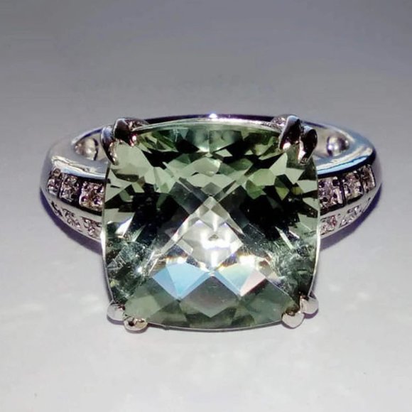 Natural Green Quartz Prasiolite In 14K White Gold Diamond Accents Cocktail Ring - Picture 1 of 10